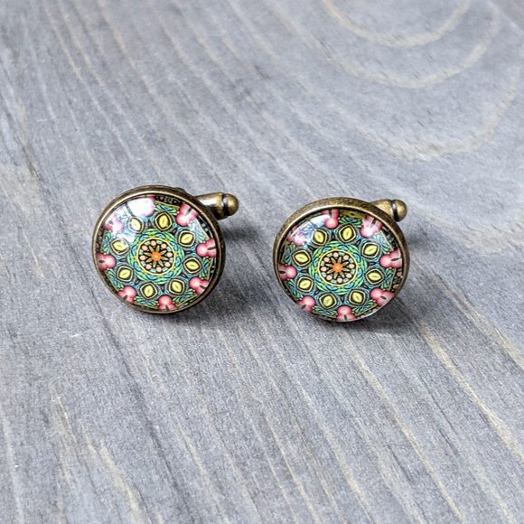Glass Dome Cuff Links with Green Kaleidoscope Pattern, Antiqued-Bronze Plated - Picture 6 of 16